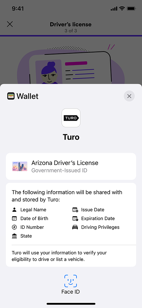 지갑 앱의 신분증에서 요청된 데이터를 보여주는 iPhone