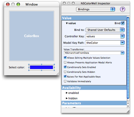 Establishing a binding between an NSColor value and user defaults