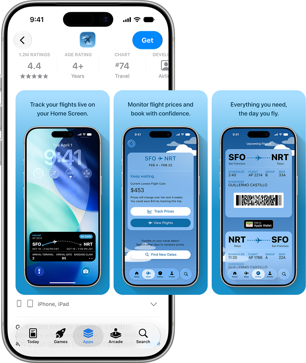 Three iPhone screens showing Airline app preview screenshots for flight tracking, price monitoring, and boarding pass details.