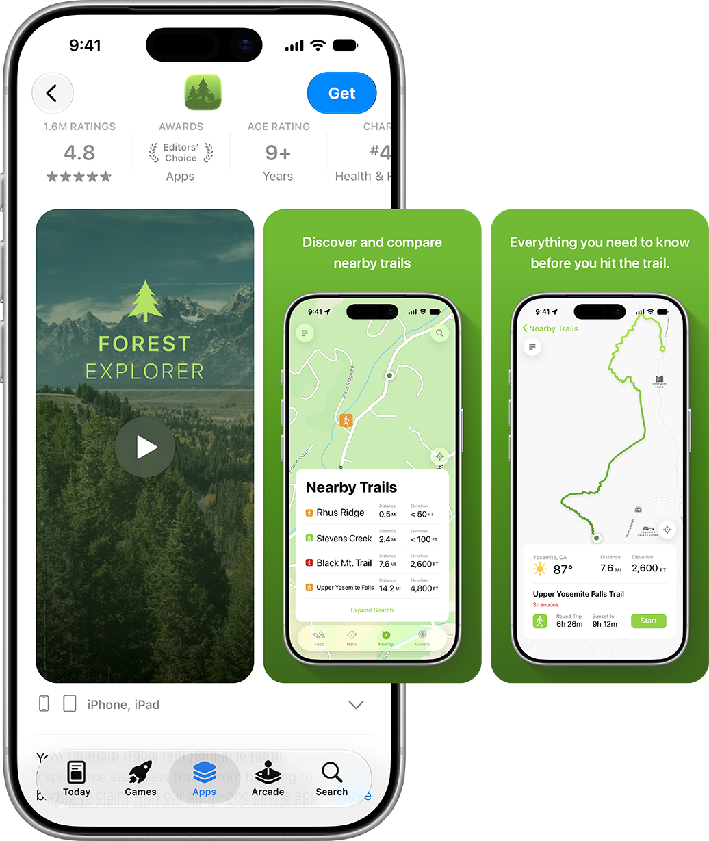 Three iPhone screens showing a Forest Explorer app preview video and screenshots of nearby trails and trail details.