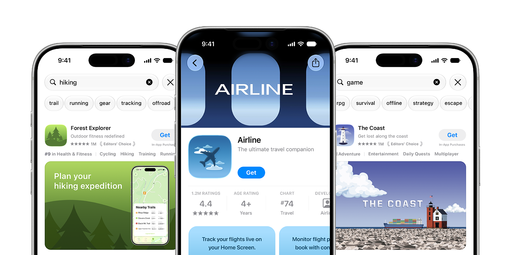 Three iPhone screens showing App Store product pages and search results for Forest Explorer, Airline, and The Coast apps.