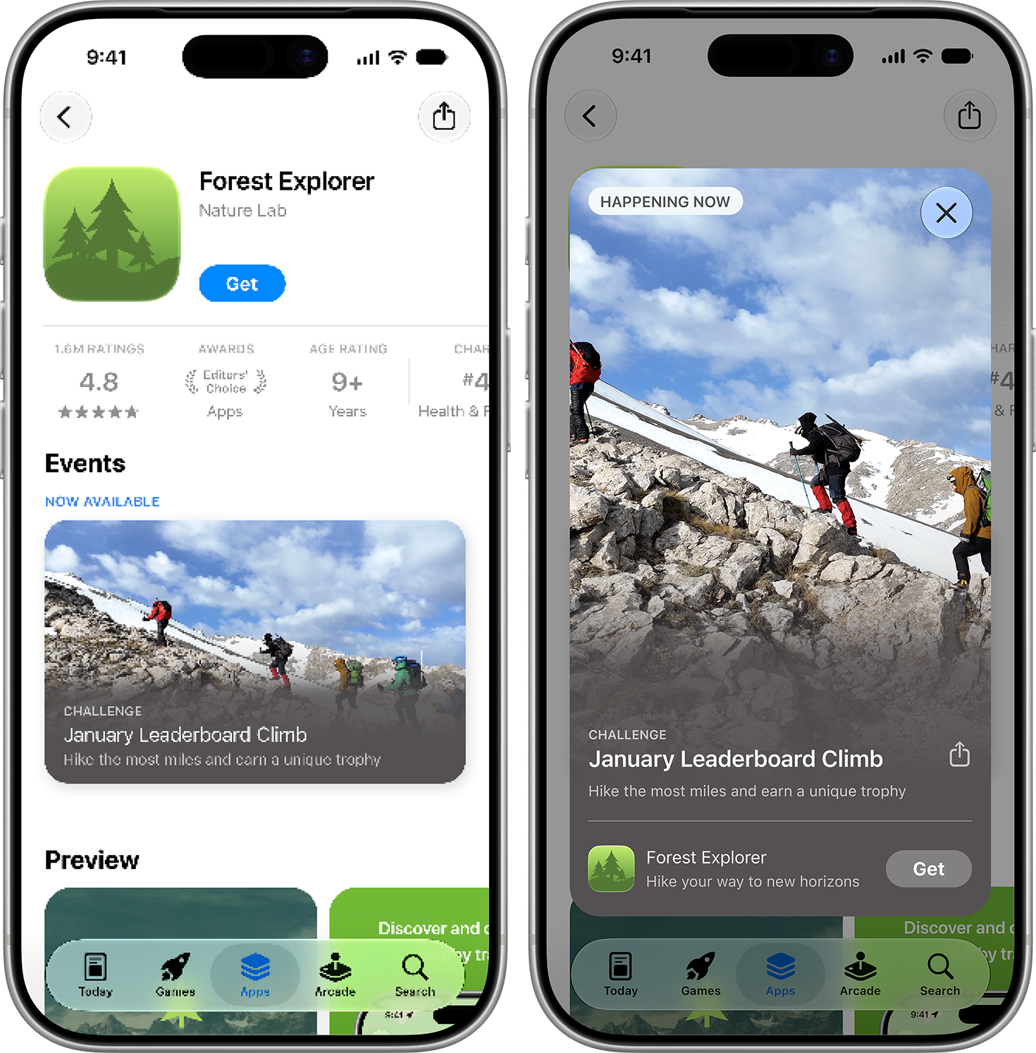 Two iPhone screens showing the Forest Explorer product page Events section and an In-App Event detail card for the January Leaderboard Climb.