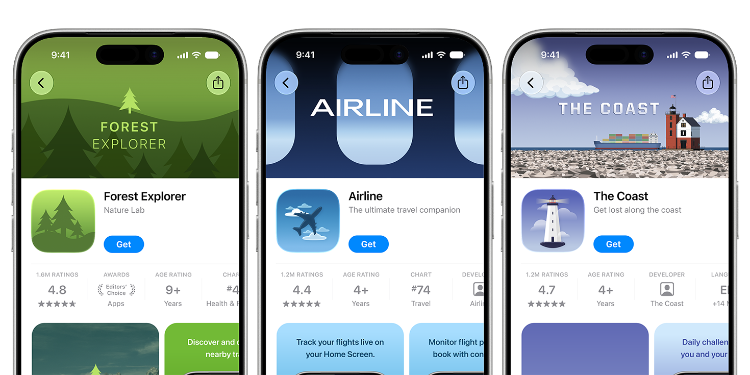 Three iPhone screens showing App Store product page headers for Forest Explorer, Airline, and The Coast apps.