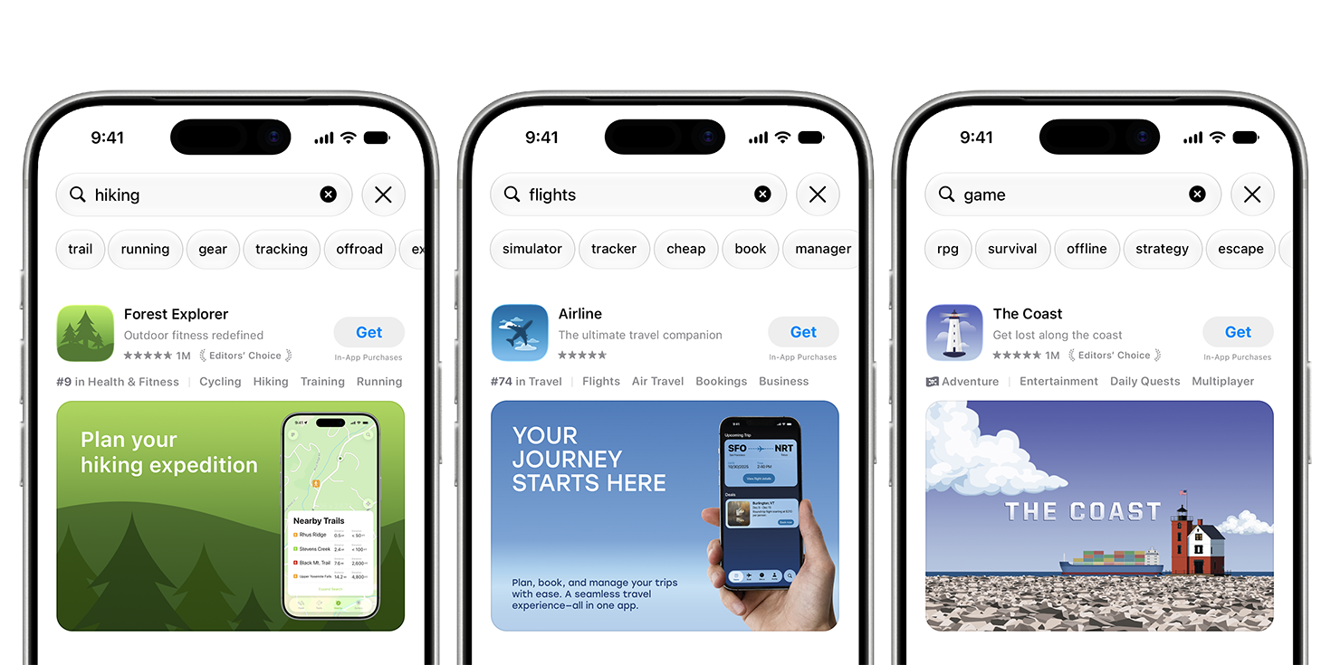 Three iPhone screens showing App Store search results for Forest Explorer, Airline, and The Coast apps with search result creative assets.