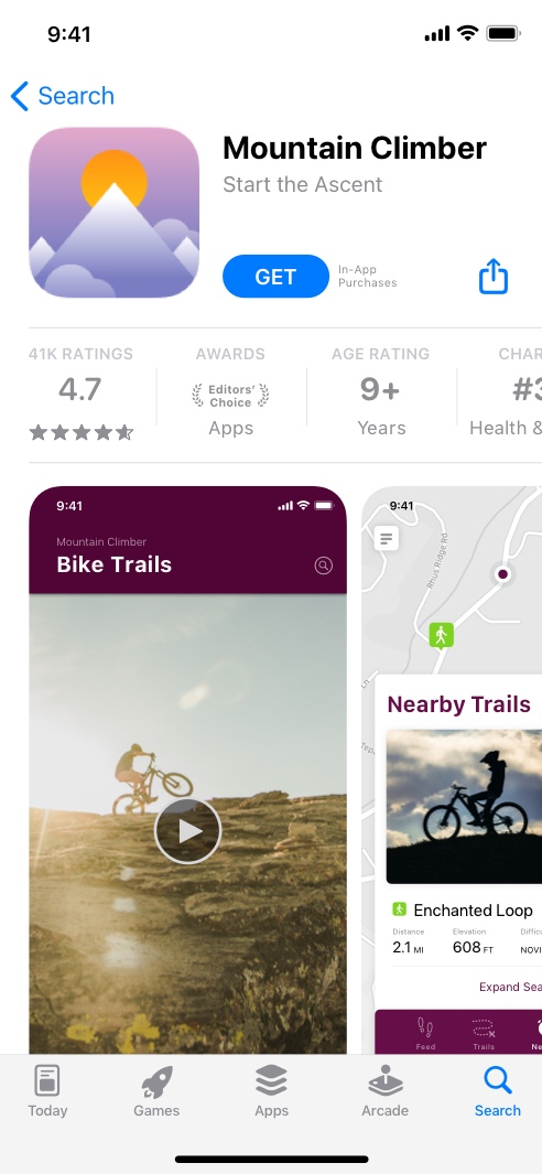 Mountain Climberアプリの、自転車ルートを紹介するプロダクトページを表示しているiPhone