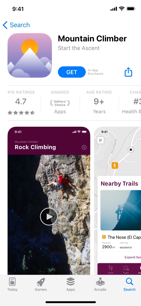 iPhone 上显示了 Mountain Climber App 的 App Store 产品页，并突出展示了攀岩