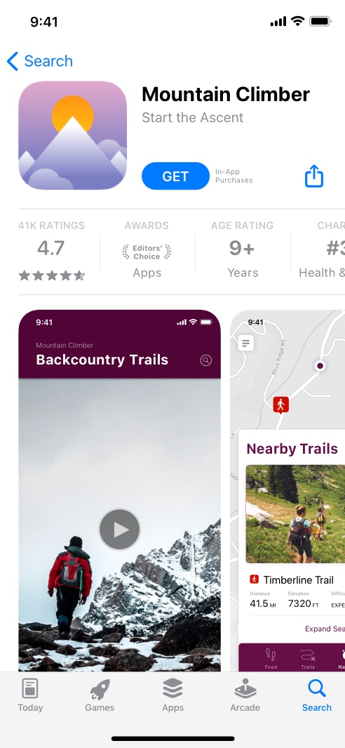 iPhone 上显示了 Mountain Climber App 的 App Store 产品页，并突出展示了徒步路径