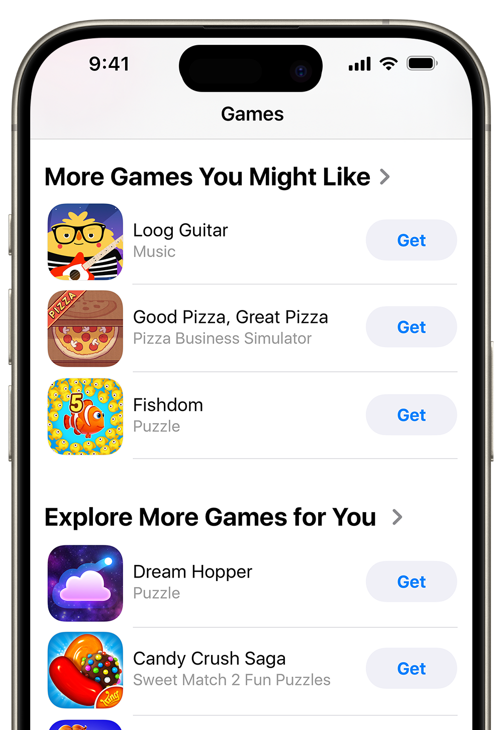 An iPhone showing ways the App Store may provide personalized recommendations, such as “More Games You Might Like” or “Explore More Games for You.”