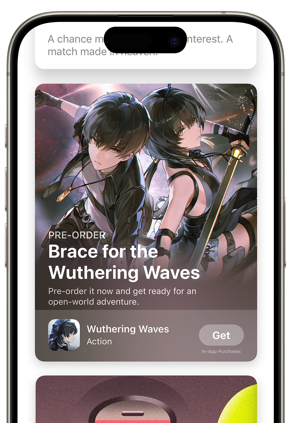 An iPhone showing an example of a pre-order featured on the App Store. The pre-order is for a game titled Wuthering Waves.