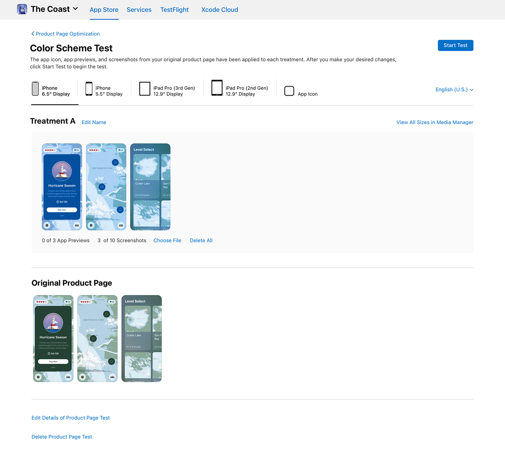App Store Connect 产品页面测试，对比了 The Coast App 采用不同配色的测试方案