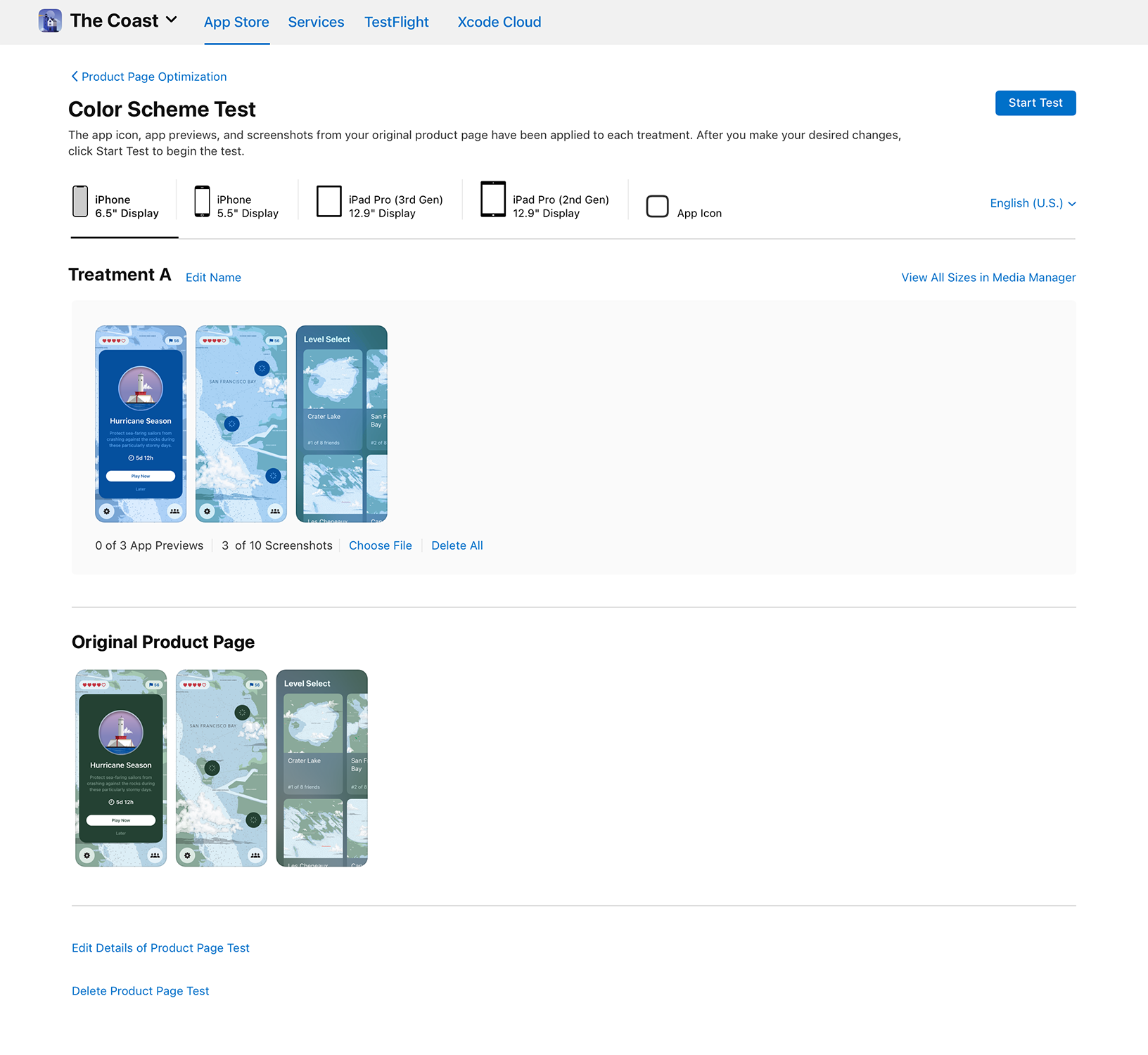 App Store Connectのプロダクトページのテストで、The Coastアプリの異なる配色のトリートメントが比較されている