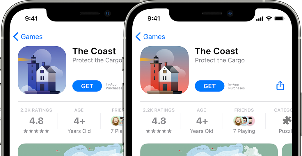 서로 다른 버전의 The Coast 앱 제품 페이지가 나란히 비교되어 있는 두 개의 iPhone.