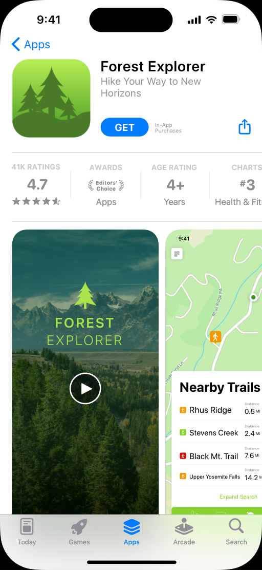 iPhone showing App Store product page for Forest Explorer app featuring rock climbing