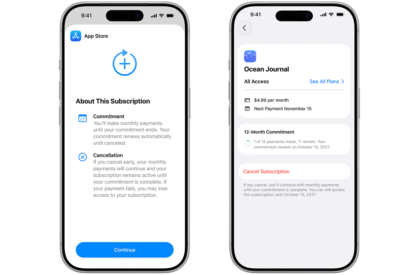 Screens showing monthly subscriptions with a 12-month commitment feature, payment schedule and commitment details for App Store subscriptions
