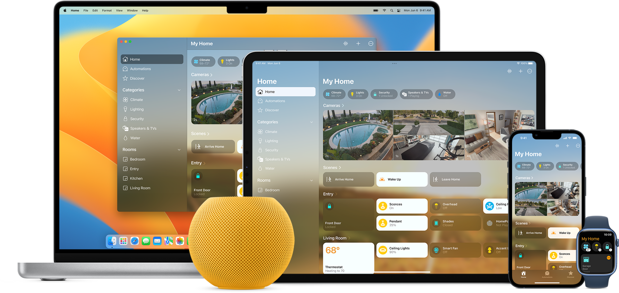 서로 다른 HomeKit 기능을 표시하고 있는 MacBook Pro, iPad, iPhone 및 Apple Watch와 함께 놓인 Apple HomePod.