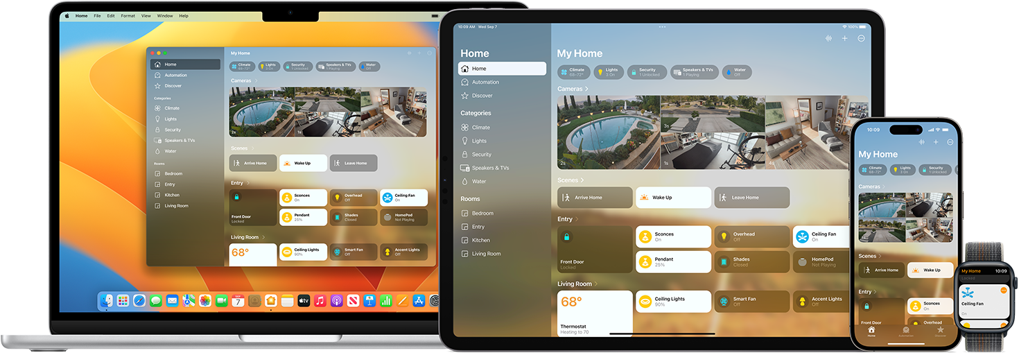A MacBook Pro, iPad, iPhone, and Apple Watch side-by-side each displaying the Home app with third party accessories.