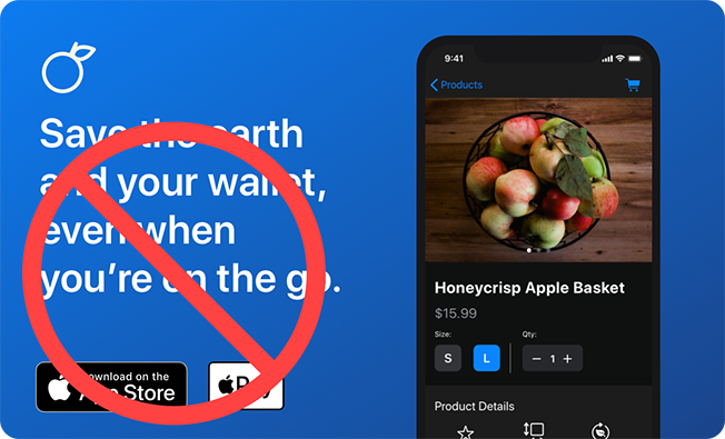 Apple Pay 마크와 ‘App Store에서 다운로드’ 배지를 잘못 사용한 광고의 예