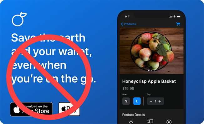  An example ad using the Apple Pay mark and Download on the App Store badge incorrectly