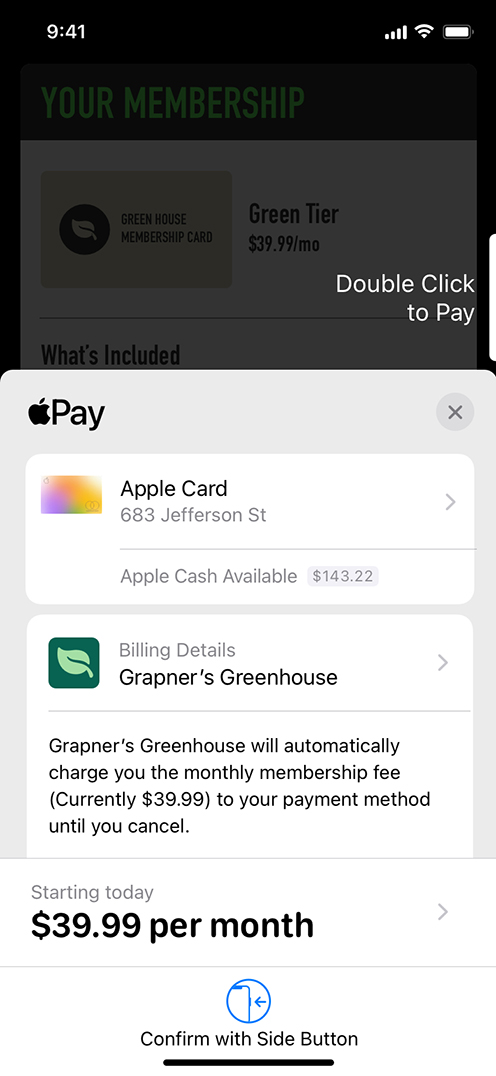 iPhone showing an Apple Pay confirmation screen for a monthly subscription.