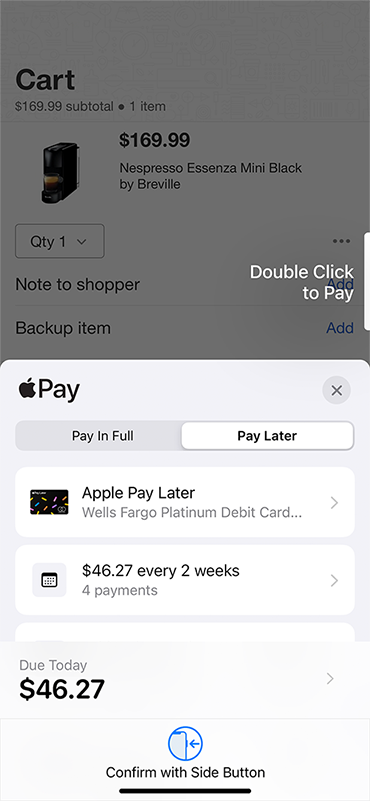 iPhone 上显示了购买款项分成四笔双周付款。