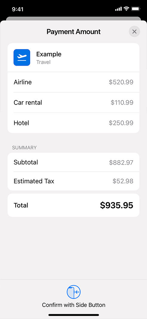 iPhone 上显示在一次付款中支付汽车租赁、酒店和其他旅行费用的示例。