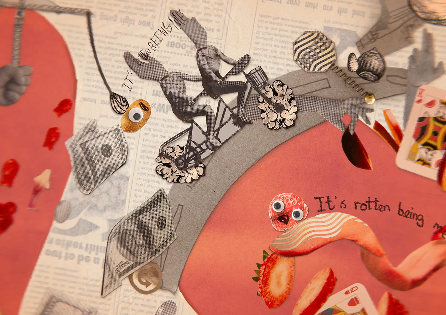 A collage of elements from the game PBJ — The Musical, which are all cut out from print publications and arranged wildly against a parchment-style background. Some elements include paper bills, playing cards, and a strawberry with a cartoon face.