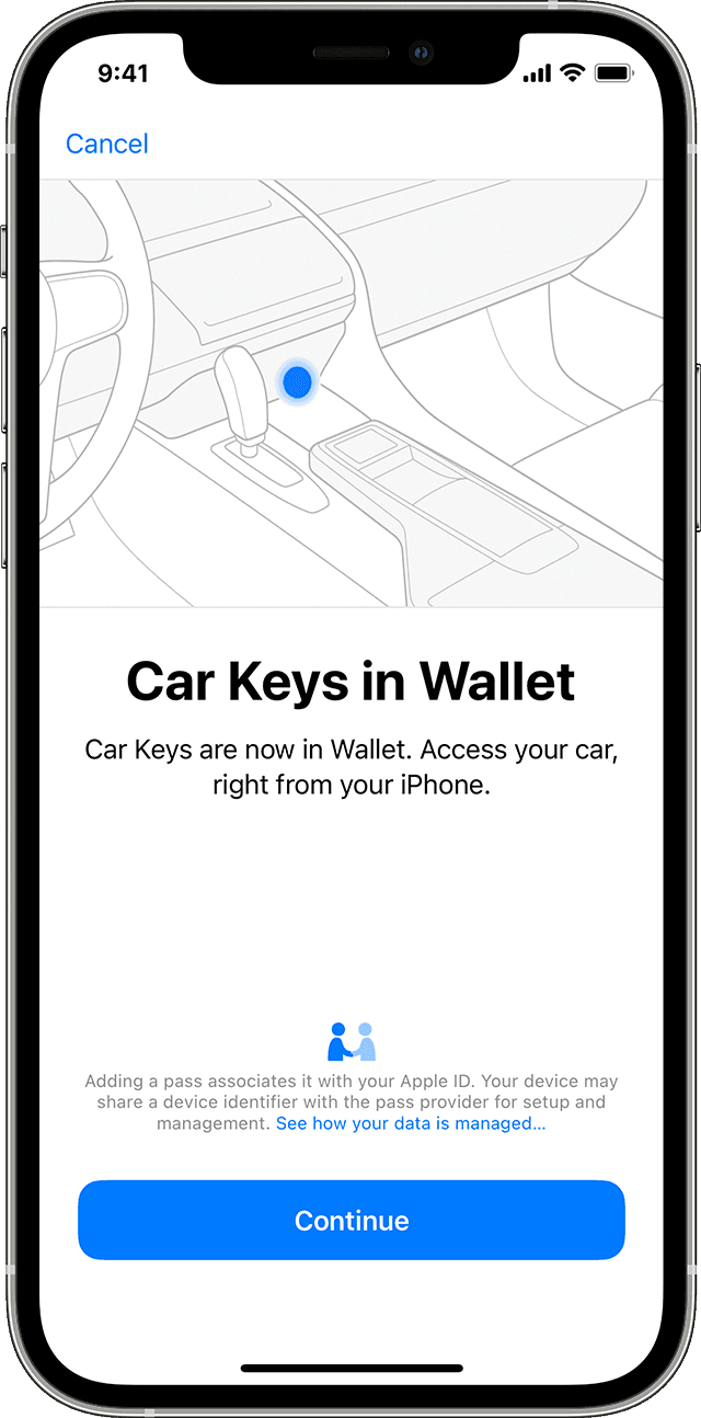 지갑의 차 키에 대해 설명하는 화면이 표시된 iPhone 12 Pro.