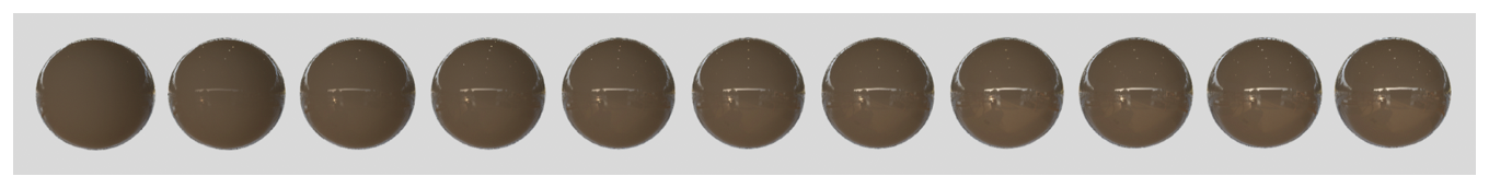 截屏显示了一排虚拟物体，它们的镜面反射值从 0 向 1 变化，其中 0 位于左侧。