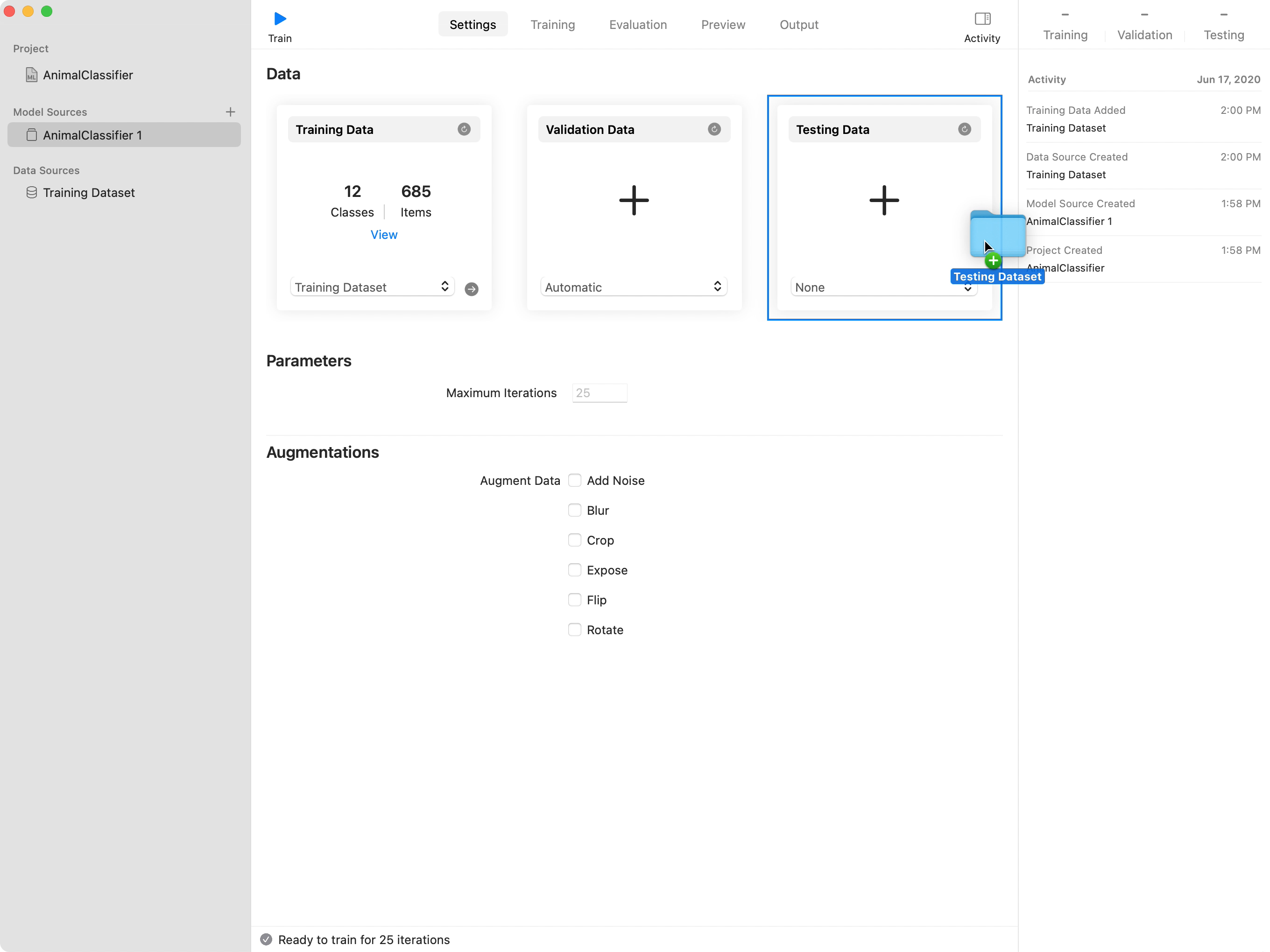 这个项目窗口截屏中显示了“Settings”(设置) 标签页，其中一个名为“Training Dataset”的访达文件夹正被拖放到其“Testing Data”(测试数据) 方格中。