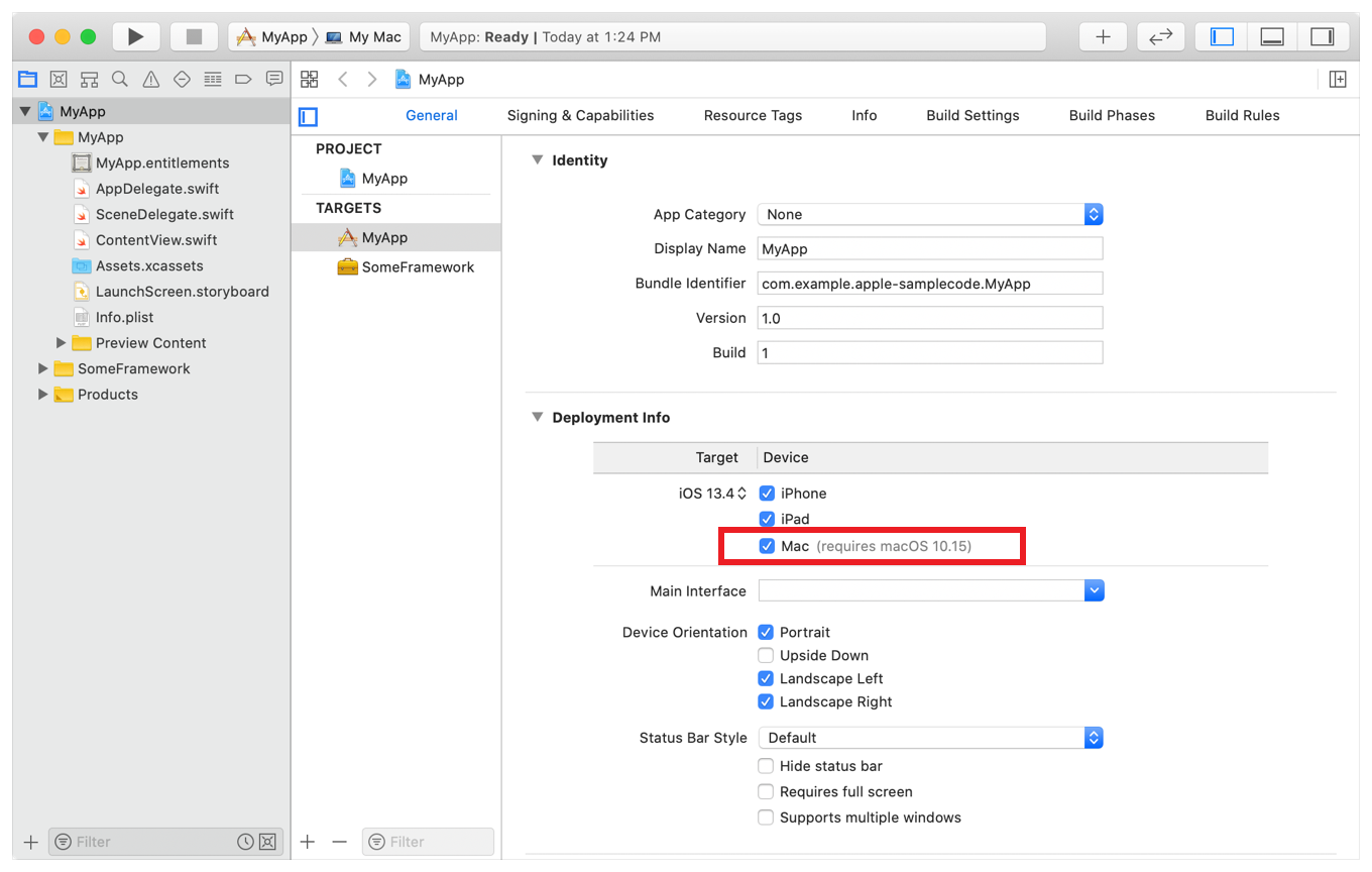 Xcode 的一个截屏，其中在“Deployment Info”(部署信息) 部分中选中了 Mac 设备。