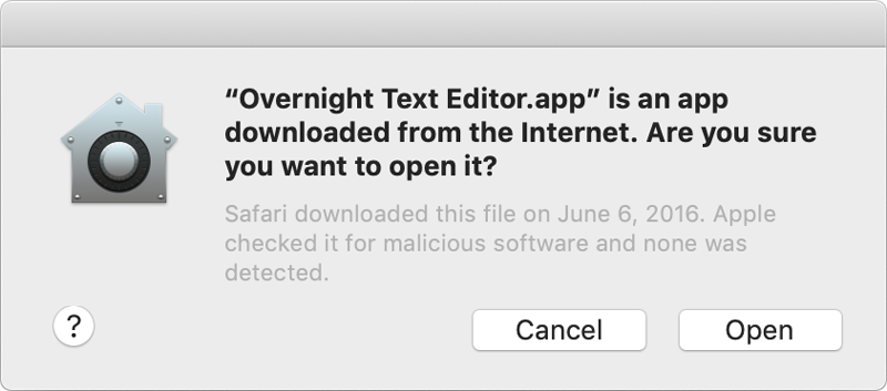 截屏中显示了“门禁”的对话框，这个对话框告知用户 Apple 已公证过正在启动的 App。