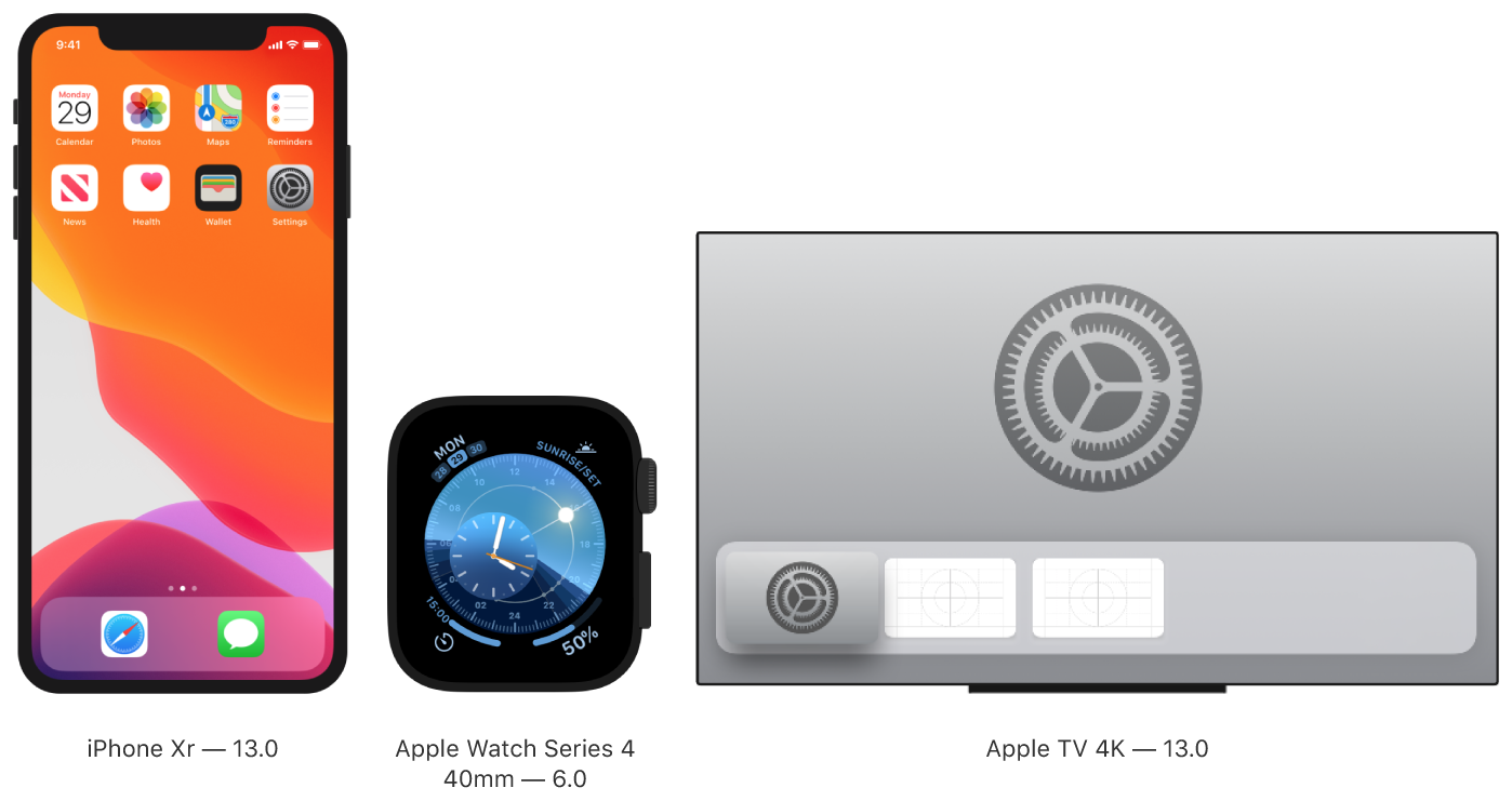 iPhone、Apple Watch 和 Apple TV 模拟器的截屏。