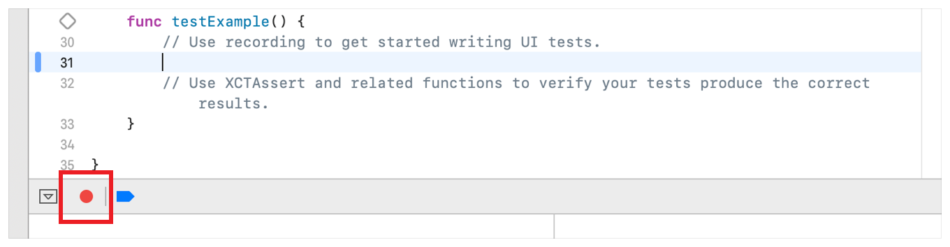图像显示了 Xcode 中的“Record UI Test”(记录 UI 测试) 按钮。
