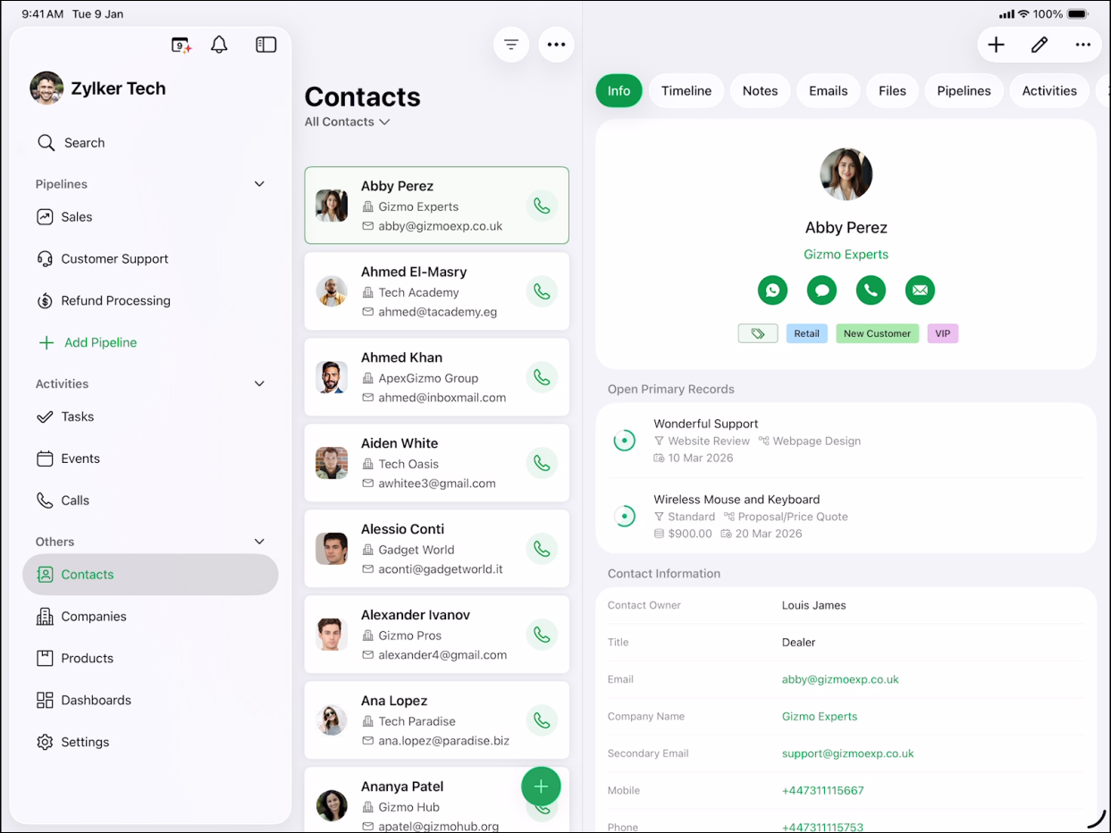 Bigin CRM app with Liquid Glass design on iPad