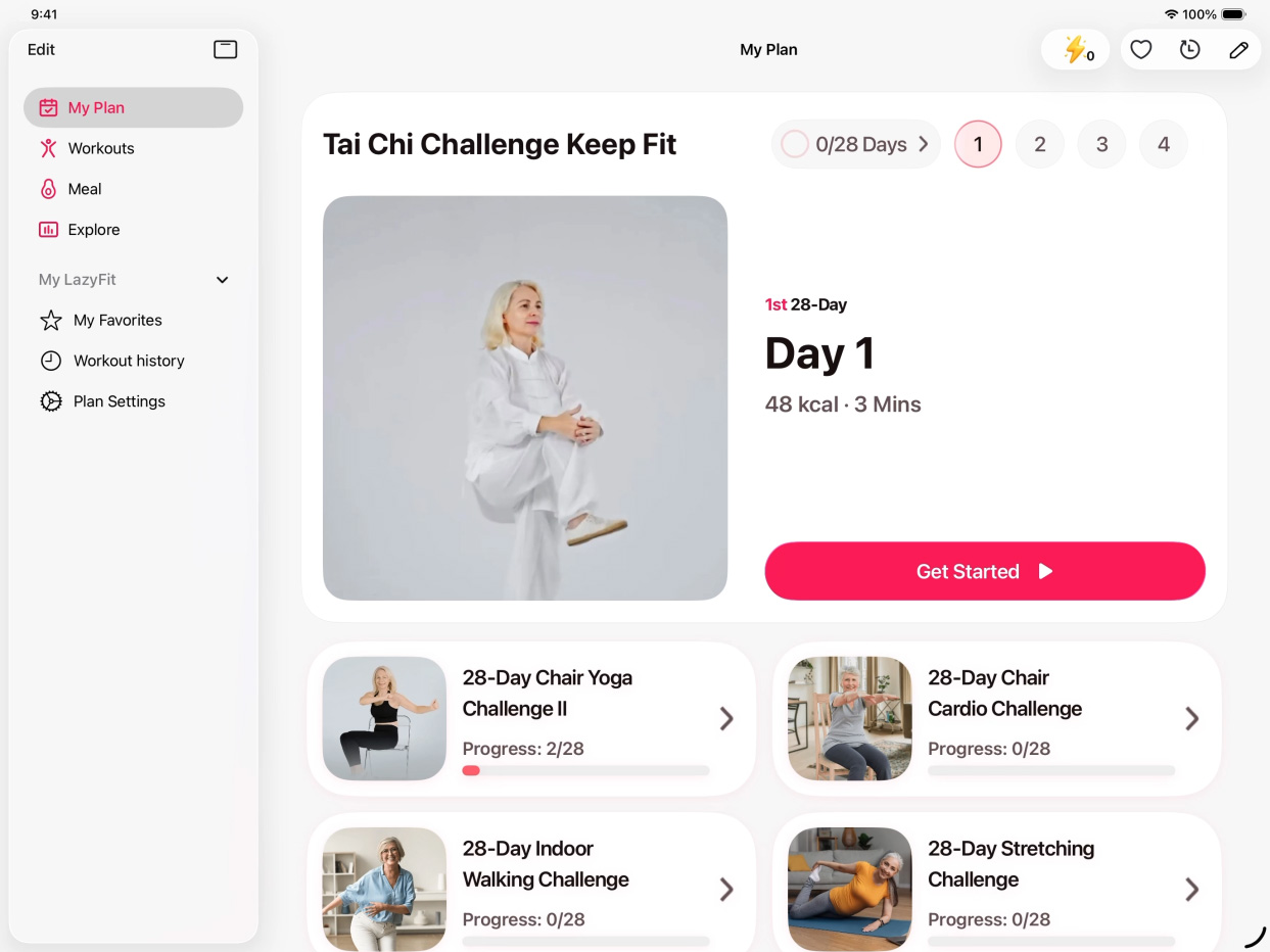 LazyFit app on iPad with Liquid Glass floating tab bar