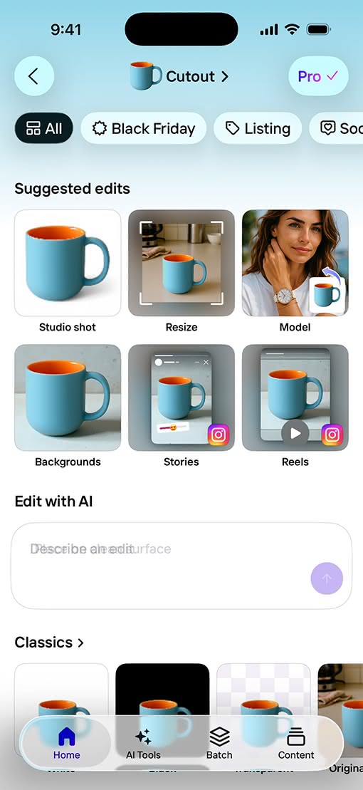 Photoroom app with Liquid Glass editing tools