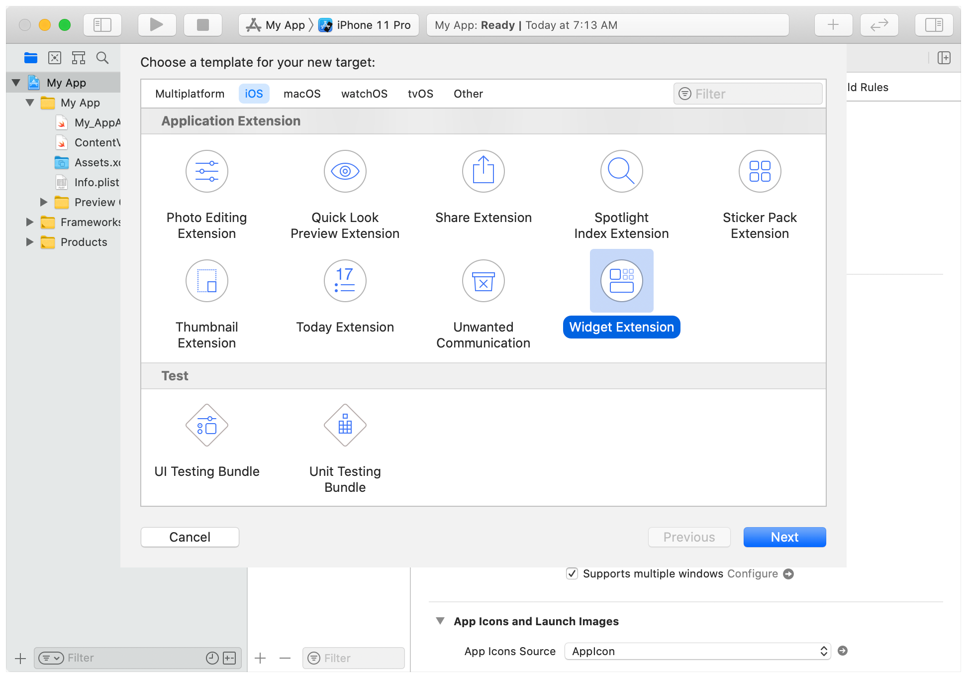 截屏显示了 Xcode 的新建目标表单，其中“Widget Extension”(小组件扩展) 处于选中状态