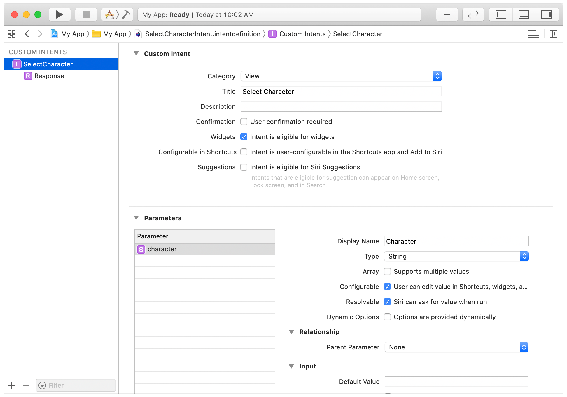 截屏显示了 Xcode 的意图定义编辑器中的自定意图和参数