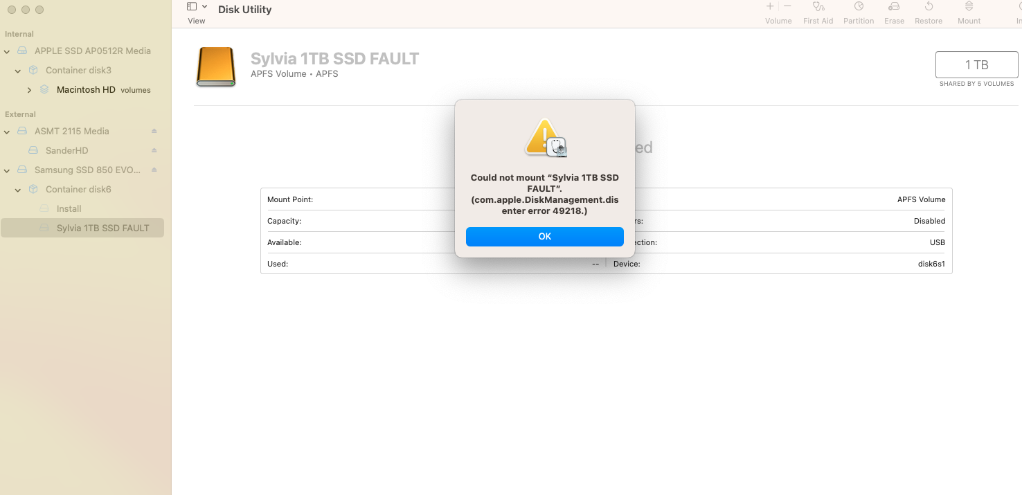 Diskmanagement.disenter error 49218 | Apple Developer Forums