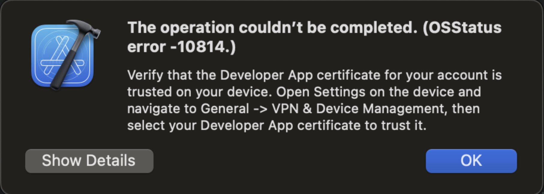 The operation couldn't be complete… | Apple Developer Forums