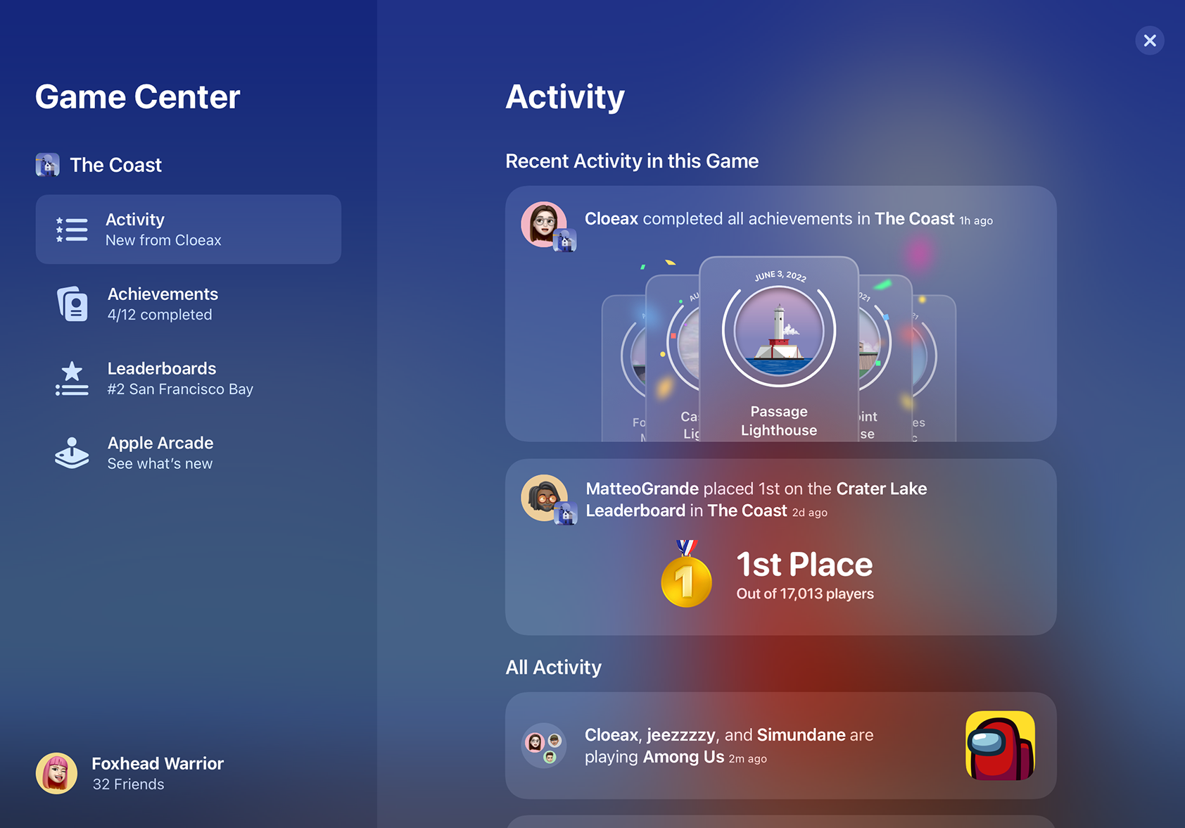 iPad Pro 上的 Game Center 中显示了近期活动