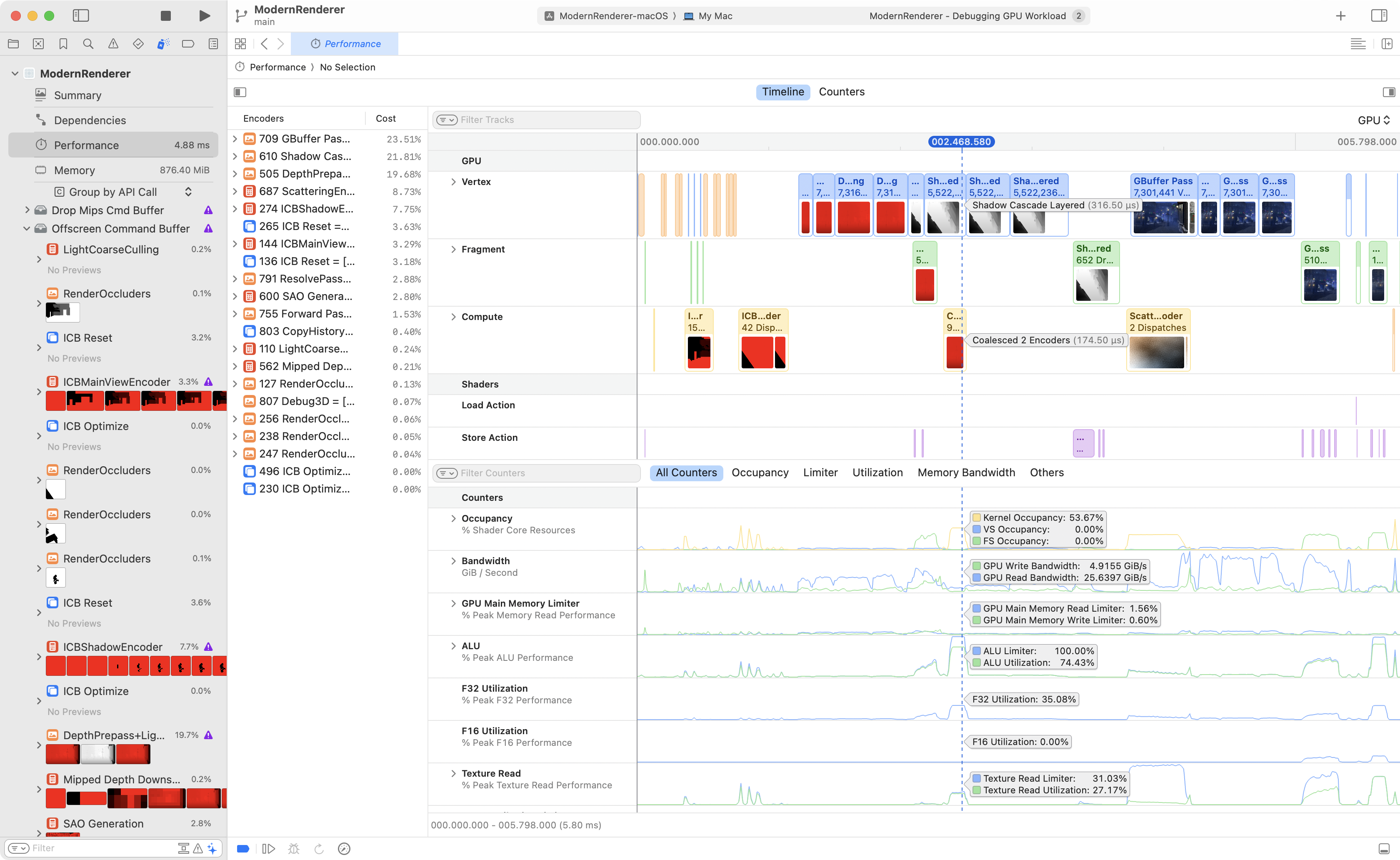 Xcode 的截屏，通过 Metal 调试器的“Performance”(性能) 时间线显示了 GPU 追踪情况。