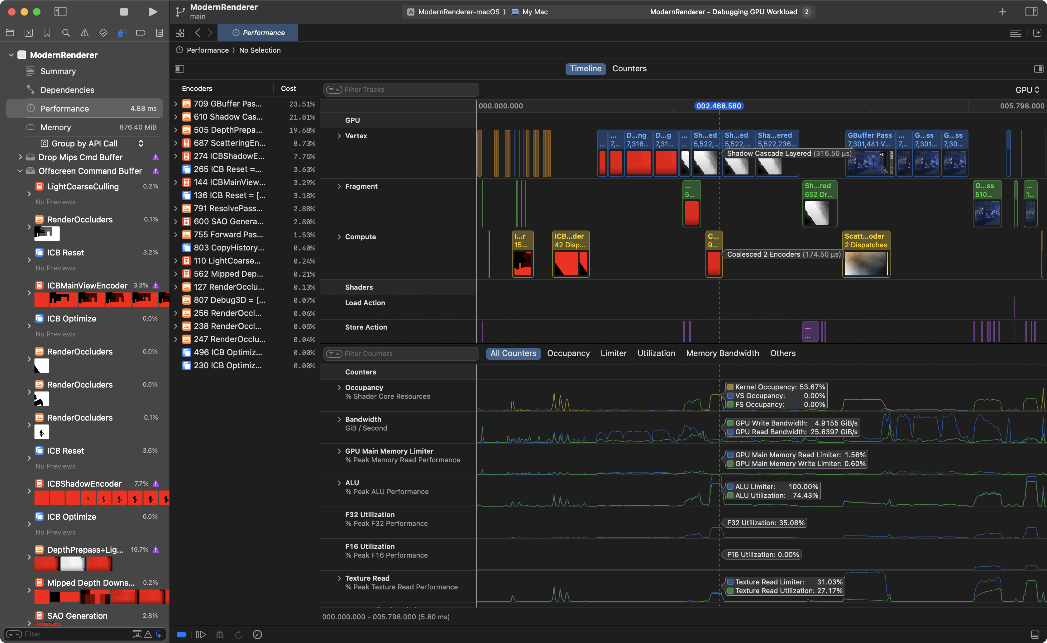 An Xcode screenshot showing Metal debugger's Performance timeline for a GPU trace.