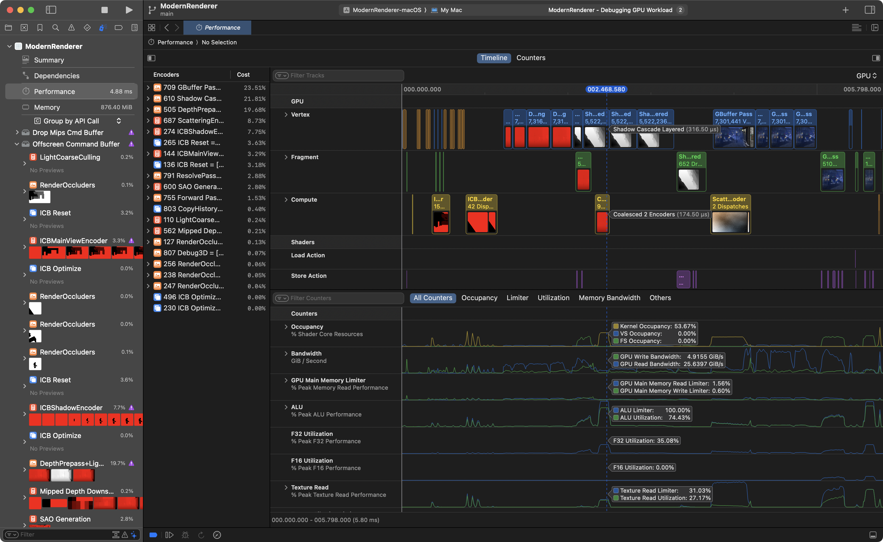 Xcode 的截屏，通过 Metal 调试器的“Performance”(性能) 时间线显示了 GPU 追踪情况。