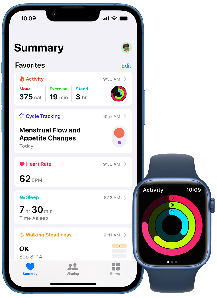 An Apple Watch displaying Activity rings, and an iPhone displaying a summary chart of activity over a 24 hour period