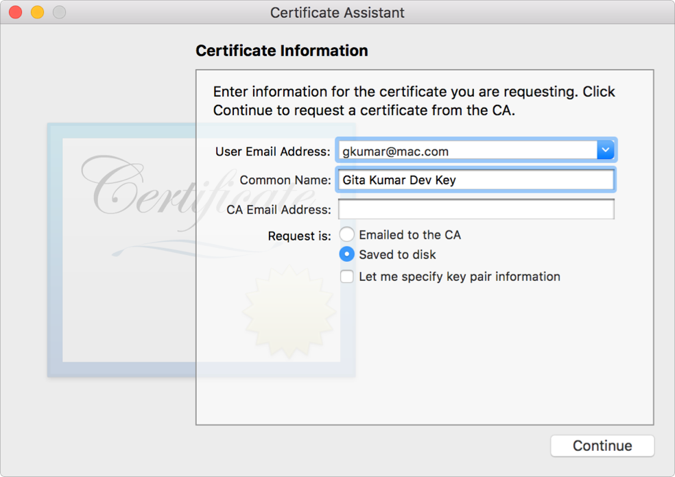 Create a certificate signing request Create certificates Account