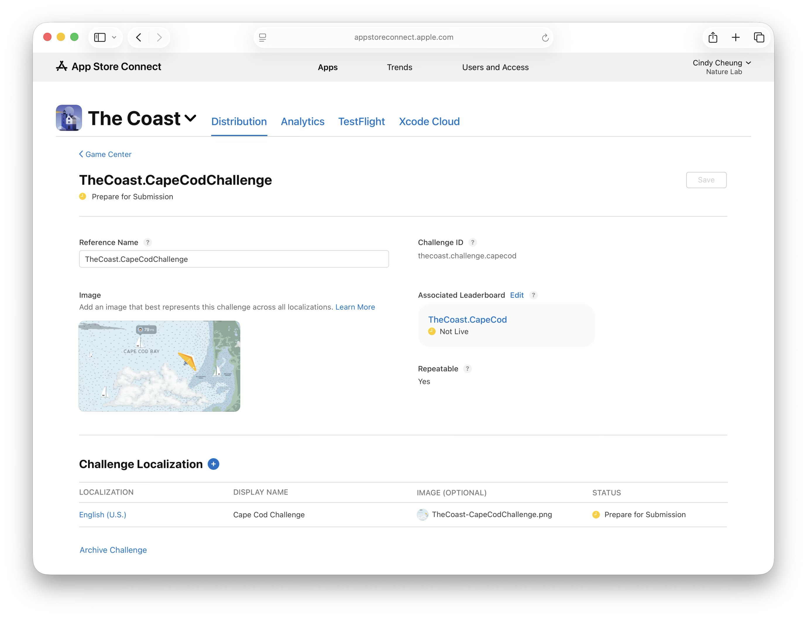 「The Coast.CapeCodChallenge」のチャレンジ詳細ページのスクリーンショット。「提出準備中」のステータスと、参照名、チャレンジID、画像、関連付けられているLeaderboardなど、入力済みのフィールドが表示されている。