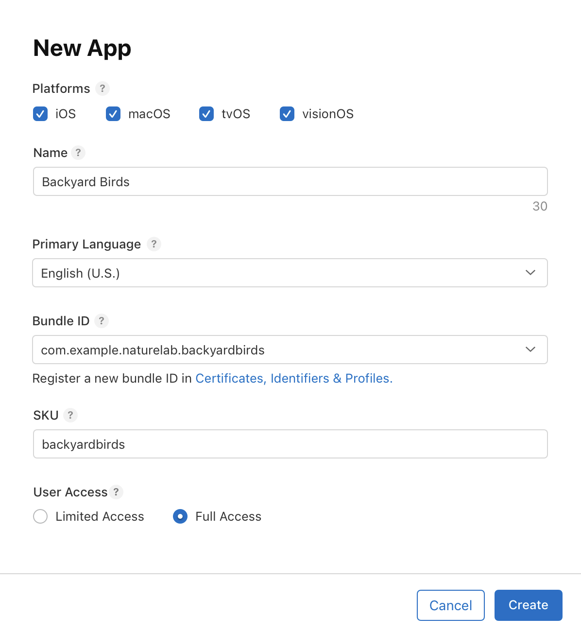 App Store Connect 上的「新的 App」對話框。平台欄位會列出 iOS、macOS、tvOS 和 visionOS，你可以為 App 選取這些平台。該對話框也包含 App 名稱、App 的主要語言、App 的套件 ID、SKU，以及選擇是否限制或給予完整使用者存取權限的單選按鈕。「取消」和「建立」按鈕位於對話框的底部。