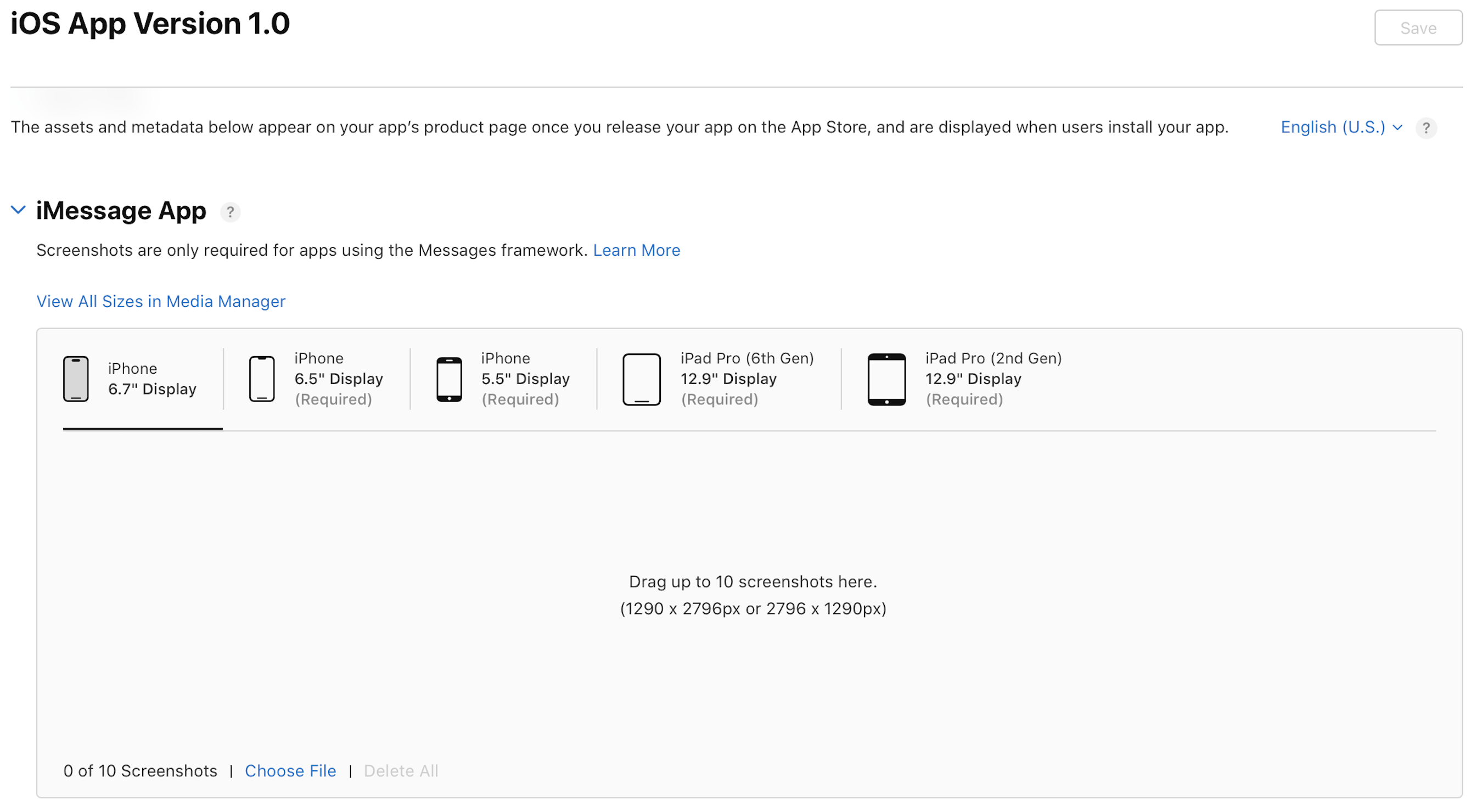 앱 플랫폼 세부 정보 페이지의 “iMessage” 섹션에는 다양한 기기 디스플레이의 스크린샷을 업로드할 수 있는 스크린샷 창이 있습니다.