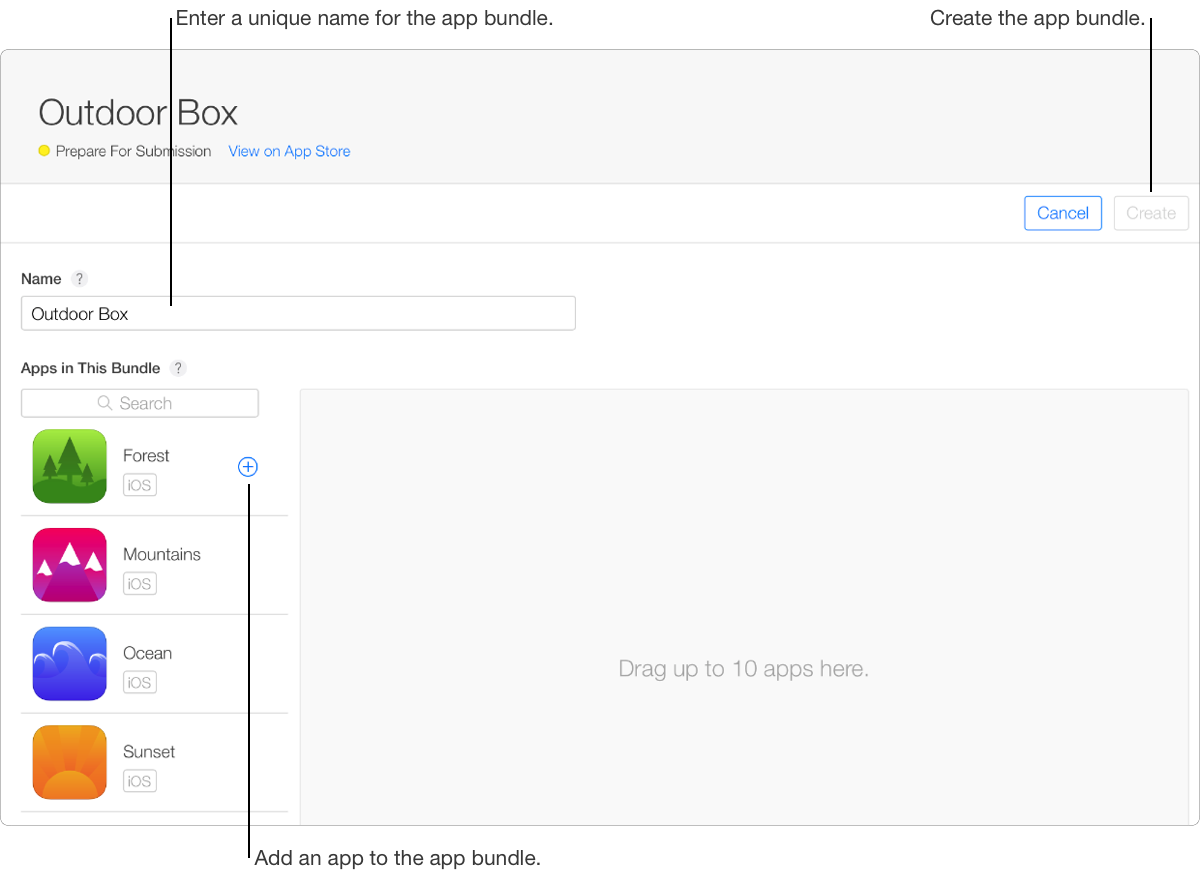 새 앱 번들 페이지. 오른쪽 상단에 “취소” 및 “생성” 버튼이 있습니다.페이지는 앱 번들 이름을 입력할 수 있는 필드, 앱을 검색할 수 있는 필드, 선택할 수 있는 계정의 앱 목록, 최대 10개의 앱을 드래그 할 수 있는 영역을 포함합니다.